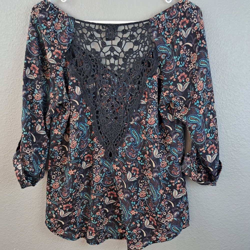 Stoosh Floral Paisley‎ Crochet Blouse 3/4 Sleeve Top Black Multi MEDIUM